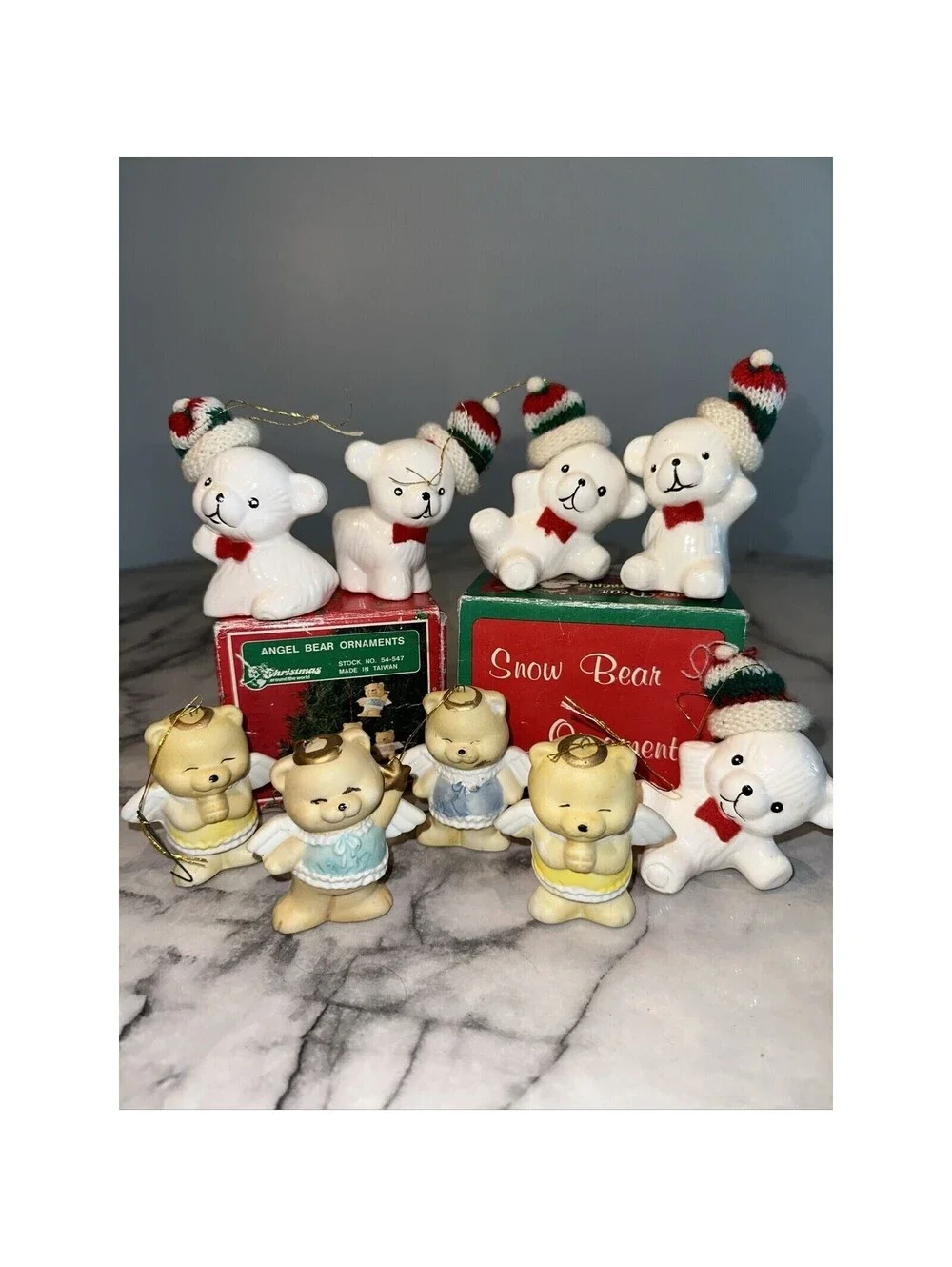 9 Boxed Vintage Porcelain 5 Snow Bear Set 4 Angel Bear Set Ornaments Ceramic 3